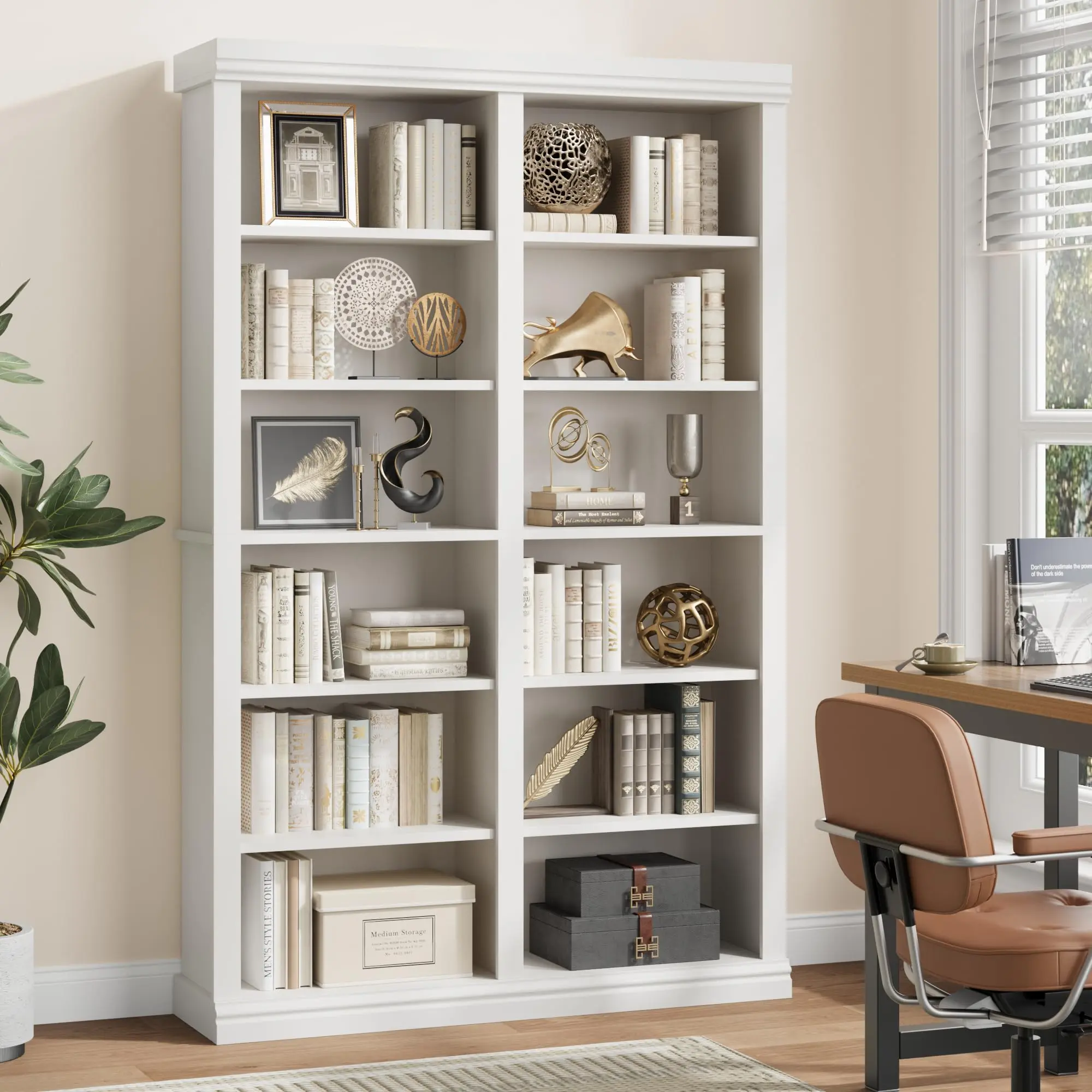 6-Tier Double Wide Robust Contemporary Freestanding Bookshelf - 12 Open Cubbies, 74.5"H Spacious Storage Unit, 46.1"D x 12.4"W, Quick Set-Up Display Piece for Office, Living Room
