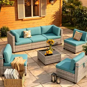 7-Seat Modular Patio Furniture Set – Outdoor Wicker Sectional Sofa with Thick 4″ Cushions, Dual-Strand PE Rattan, Rust-Resistant 18 mm Steel Frame, Backyard Garden Deck Lounge, Patio Furniture Sets, Outdoor Furniture Set, Easy Assembl
