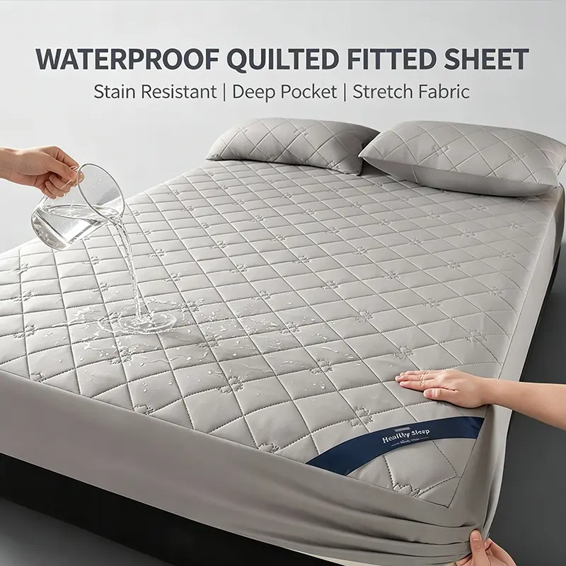 Waterproof Quilted F Fitted Sheet Kit, Polyester Bedding, Stain Resistant Mattress Protector, Air Permeable Soft Bedding Set, No Pillow Fillings