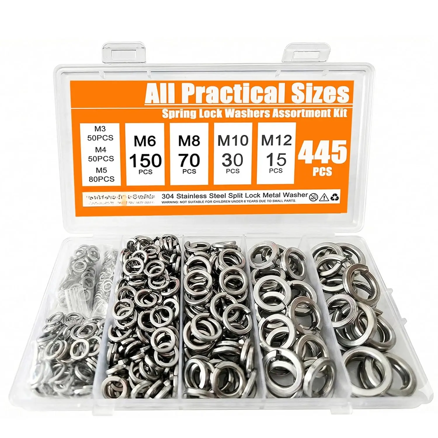 Lock Washers  Kit, Spring Washers,  Practical M6 & M8 Sizes |  445 count Metric 304 Stainless Steel Split Locking Washers Set (M3-M12), Durable Metal Washers for Screws &