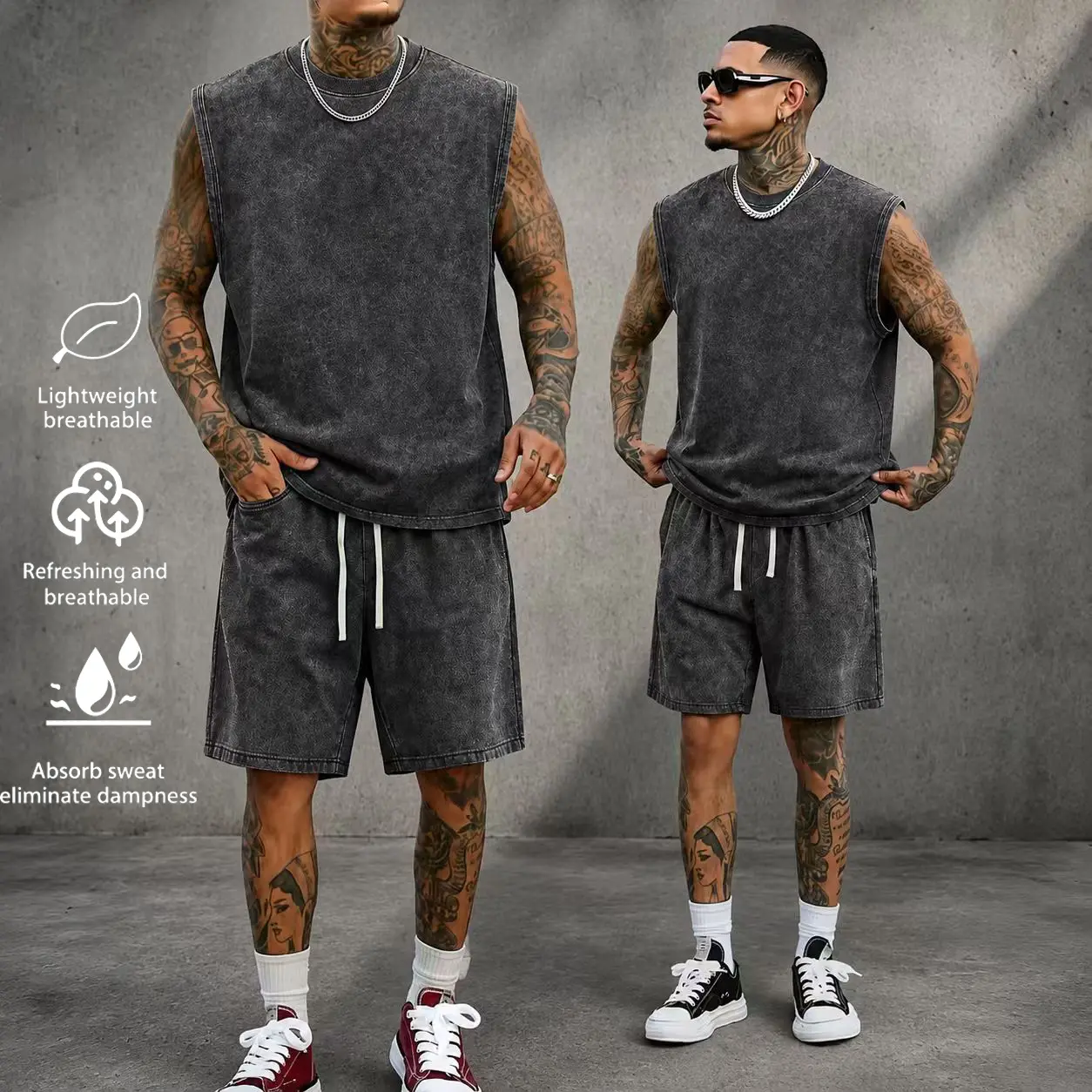 Men’s summer washed distressed cotton athletic tank top and shorts set; casual loose beach shorts with a waist cincher and pockets; mood-inspired 2000s style; suitable for running, golf, fishing, basketball, camping, gym, swimming.