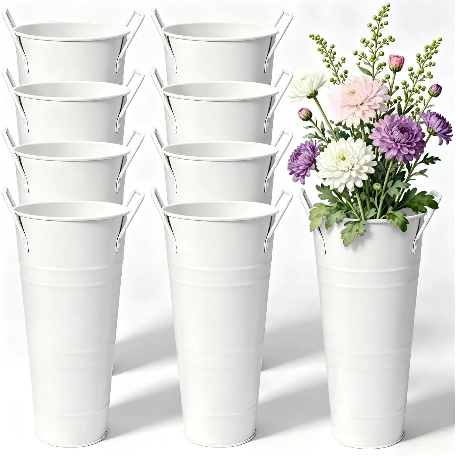 8 Pcs Flower Buckets Bar and Galvanized Flower Bucket with Handles Flower Holder Bucket Bloom Bar Vases, White 10 Inch High Floral Buckets for Cut Flower Table Centerpiece
