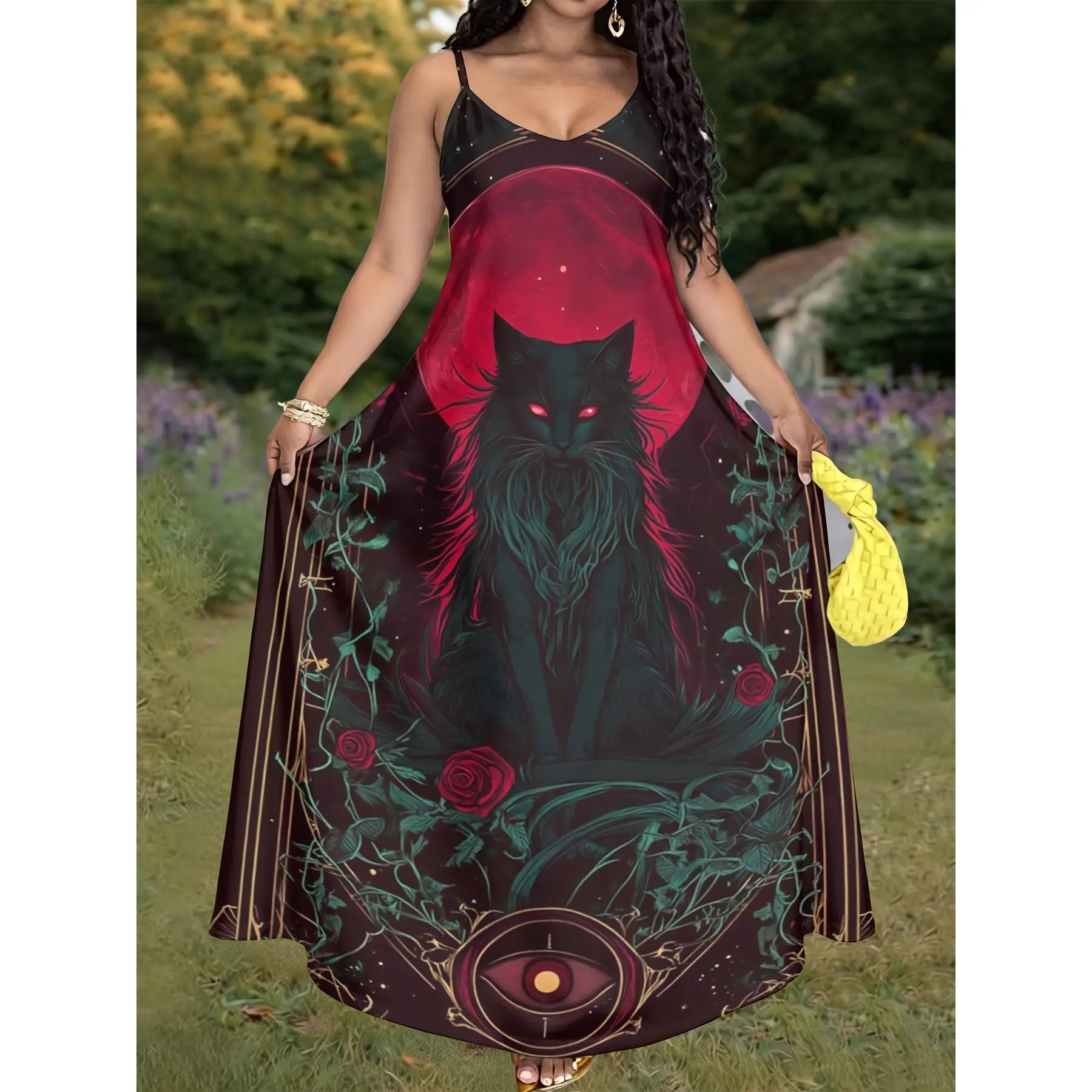 [New Halloween] Mysterious Gothic long-sleeved sleeveless dress, black cat and red moon print, elegant design, women's autumn and winter casual wear, women's choice for witch lovers