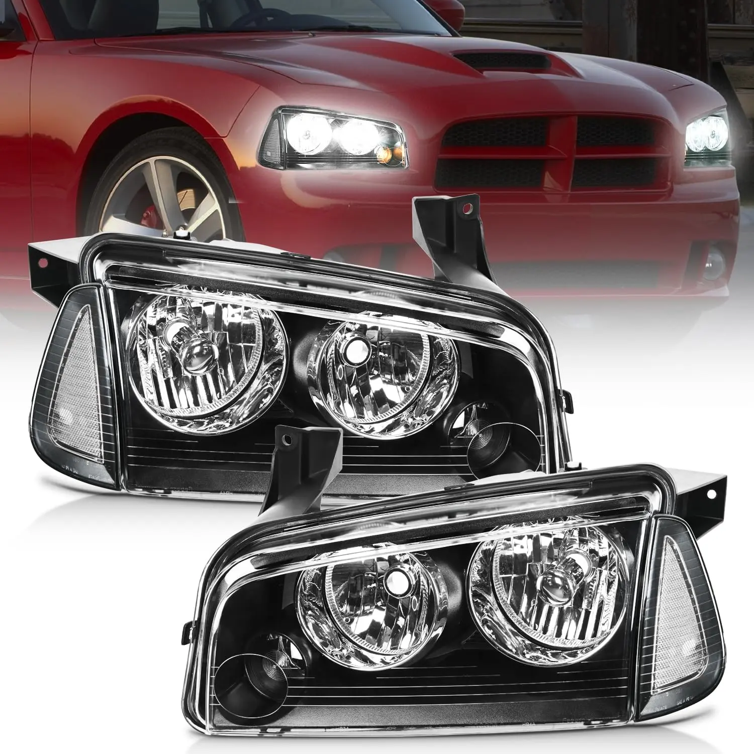 Nilight Headlight Assembly Pair Pack, Compatible with 2006-2010 Dodge Charger, Black Housing Lens, Yes Brightening Adjustable Waterproof Driver & Passenger Side Replacement Bumper Lamps