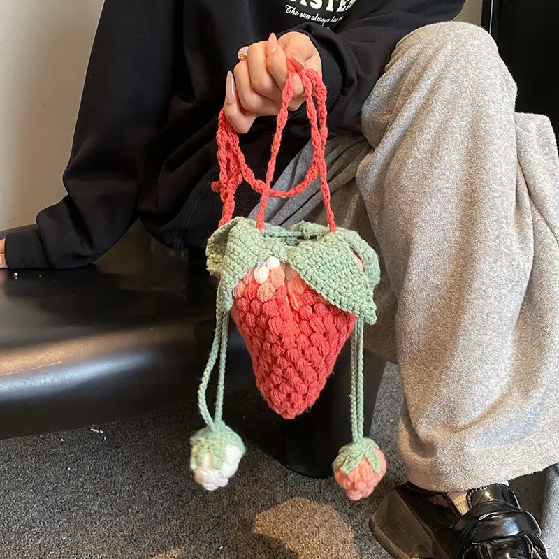 Women's Handmade Kawaii Strawberry Crocheted Yarn Crossbody Bag - Adjustable Crossbody Strap, Compact, Lightweight, Mini Purse for Casual Outings (Sports & Outdoor Accessory)