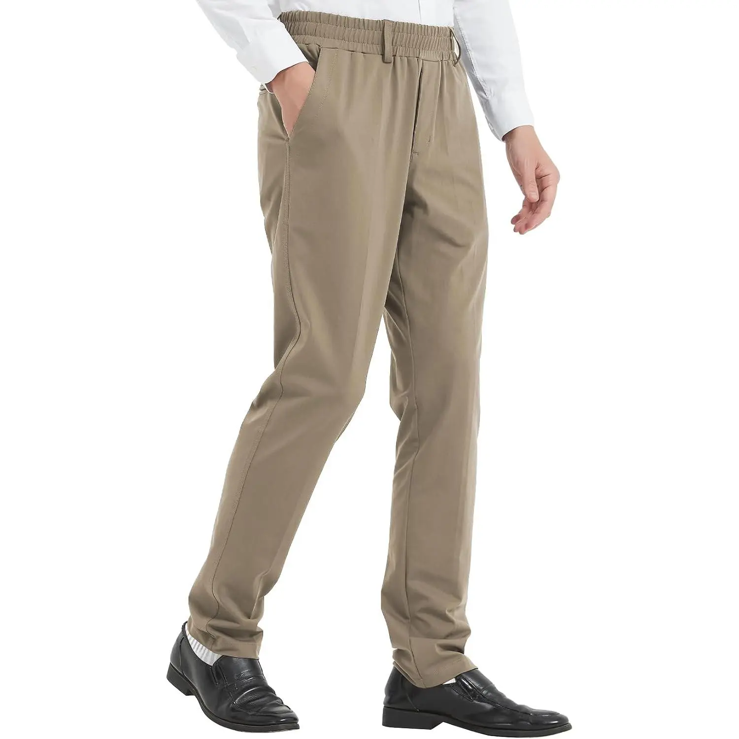 Men's High-Stretch Elastic Waist Slack Pants for Seniors with Magnet Button, Expandable Waist