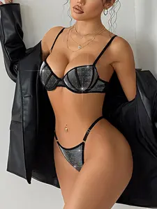 Women's Sequined Sexy Lingerie Set, 3D Steel Ring Bra with Pads, European Style Split Bra and Panties, Elegant Underwear Collection