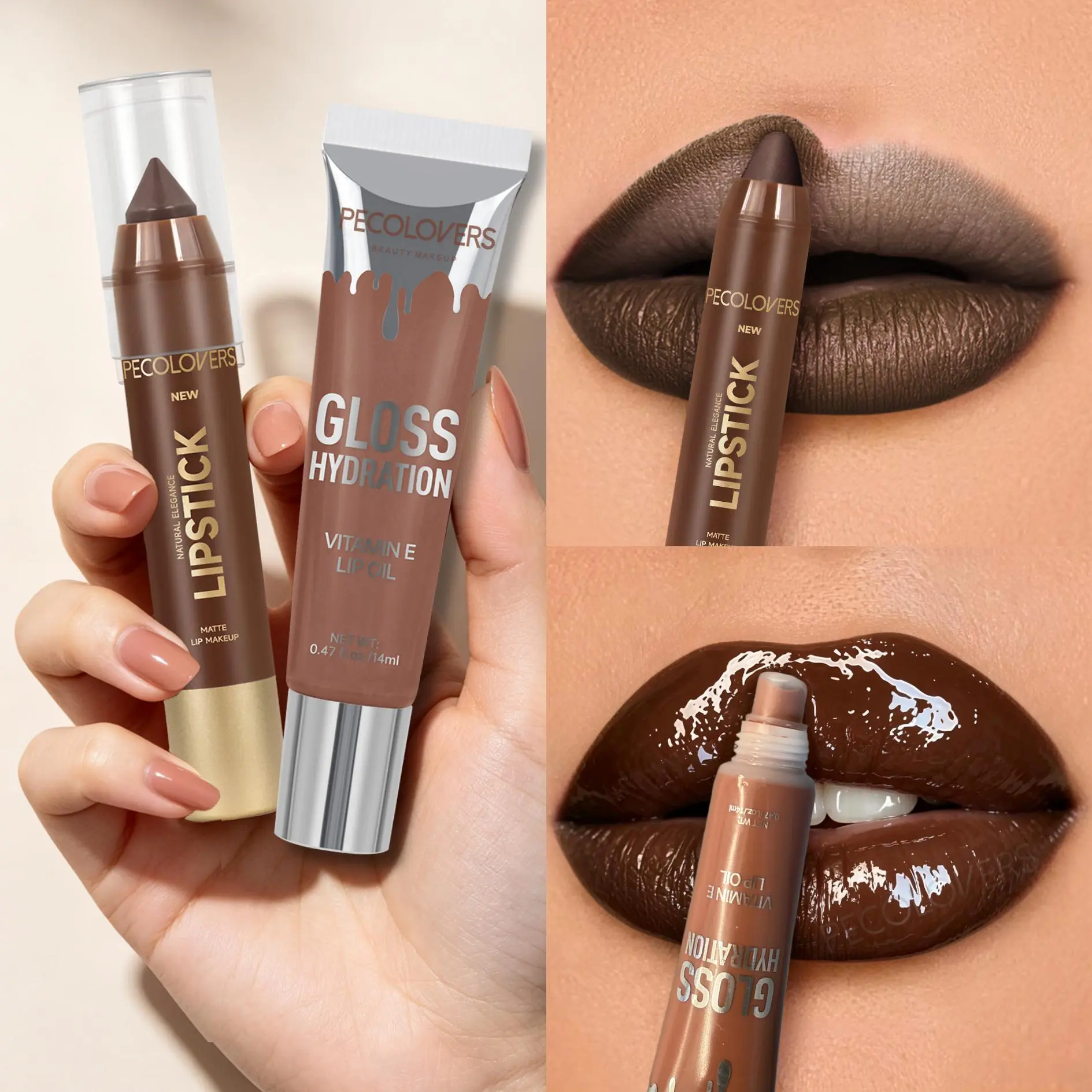 2PCS/set Red Brown Lip Liner &Shiny & High-gloss Lip Primer,Contour Tint Lipstick with a Long-Lasting Smooth Lipliner,Long-lasting Natural Outline Lipstick Pencil Velvet Lip Glaze