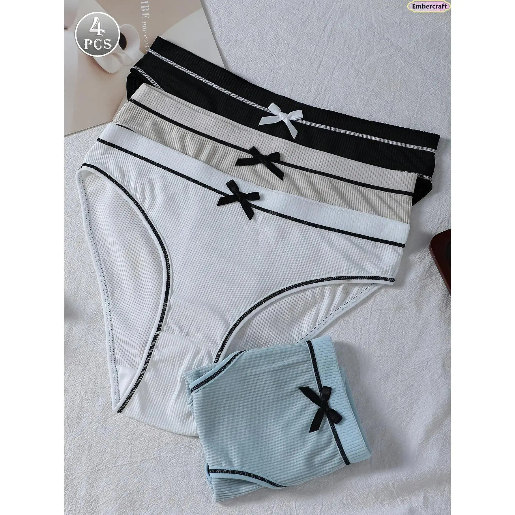 Women's 4-Pack Ribbed Casual Style Briefs - Striped Pattern Polyester Blend Soft Breathable Panties with Bow Accent, Low Rise Knitted Comfort Fit for Daily Wear, Multi-Color Set, Machine Washable