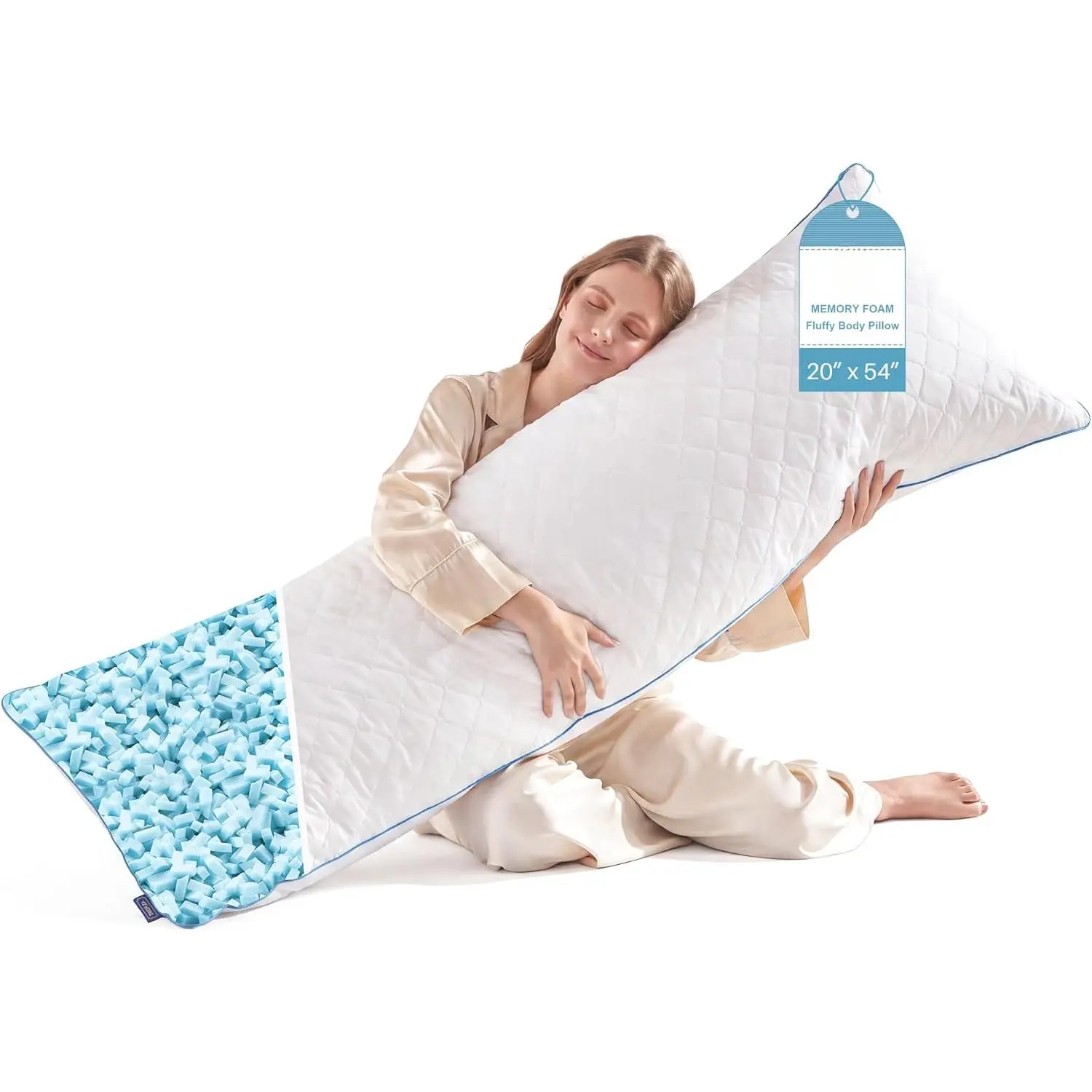 Firm Foam Long Body Pillow for Adults - 20x54 in Shredded Memory Foam, Adjustable Height, Pregnancy Support for Side Sleepers (White)