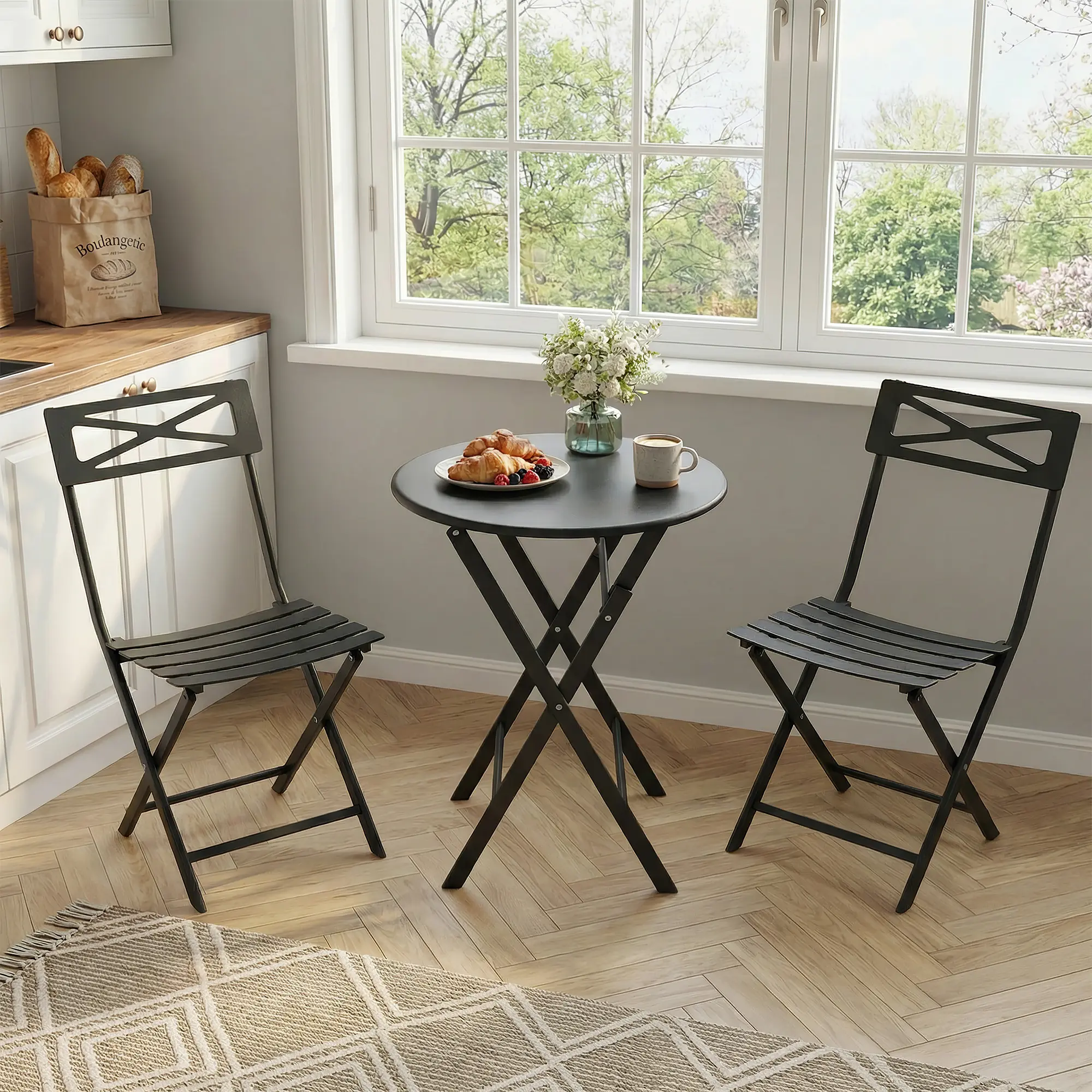 Garvee Weather-Resistant 3-Piece Steel Bistro Set – collapsible Patio Table and 2 Chairs, Space-Saving Outdoor/Indoor Furniture, No Assembly Needed, Ideal for Garden, Balcony, Poolside, or Yard