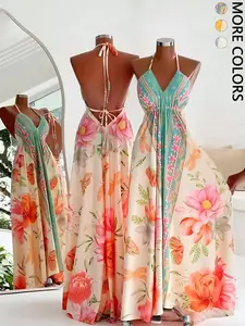 Spring Summer Backless Halter Maxi Dress Women | Floral Print Tie Back Flowy Long Sundress | Bohemian Boho Vacation Style for Beach Travel Honeymoon Wear