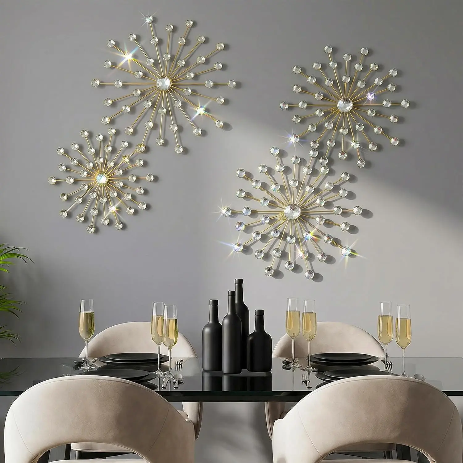 Afcabakila 4-Piece Antique Lightweight Starburst Wall Decor Set, Gold Bling Metal Rhinestone Crystal 3D Hanging Art - Mountable Home Decor for Living Room, Bedroom