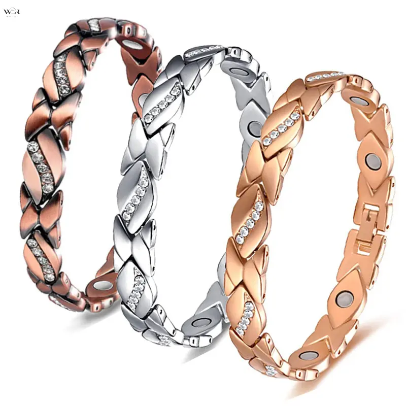 Women's Leaf-Shaped Magnetic Therapy Bracelet - Shiny Rhinestone-Inlaid Copper Link Chain, Adjustable Size Magnetic Band, Costume Jewelry with Size Adjust Tool (4 Colors) for Gift Ideas, Grandma Gift Ideas, Rhinestones Inset