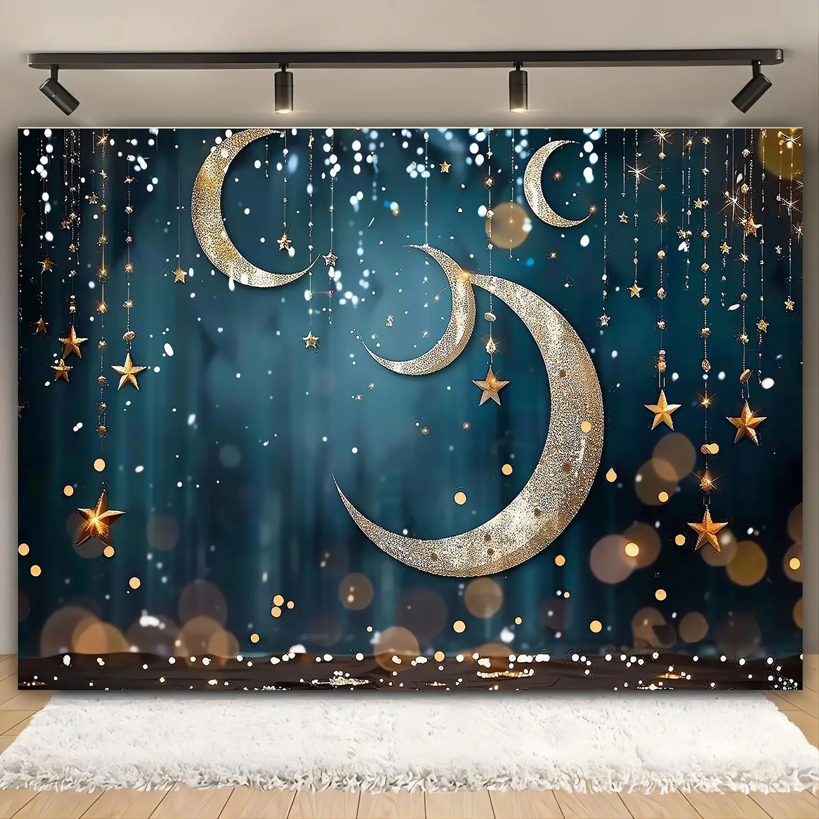 1-Piece Dark Blue & Gold Starry Night Polyester Party Backdrop - No-Power Spotlight Decoration, Crescent Moon & Star Stage Banner, Wedding & Birthday Indoor/Outdoor Photo Booth Home Festive Supplies, One-Piece