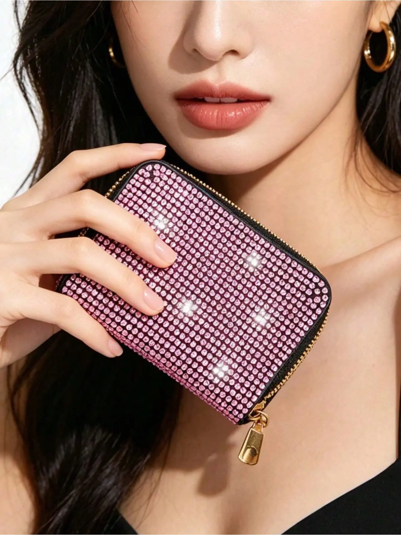 Shiny rhinestone accordion cardholder, zippered credit card wallet, fashionable card holder, stylish high-value wallet, women's multi-slot card organizer, sparkling card case for bank cards and ID, back-to-school and travel essentials