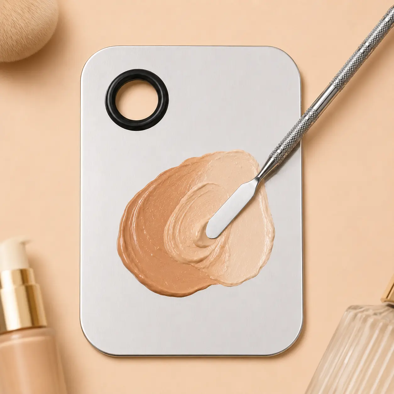 2PCS Makeup Mixing Palette and Spatula Set, Stainless Steel Foundation Palette with Thumb Grip for Concealer, Lipstick & Cosmetics