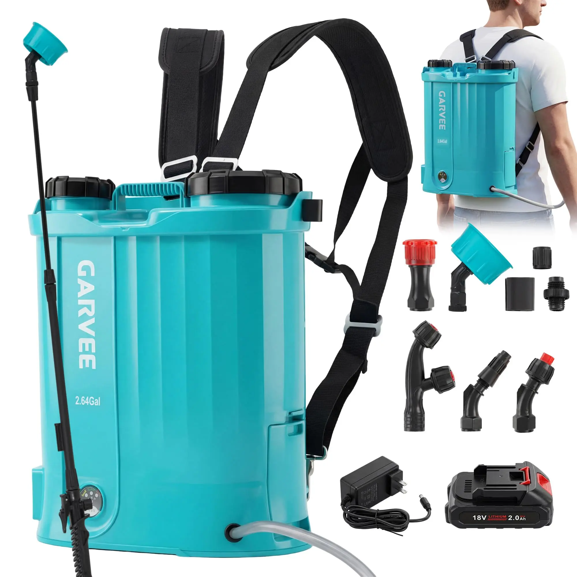 Garvee Powerful Battery Backpack Sprayer - 2.64 Gallon, Adjustable 0-65 PSI, 5 Nozzles, Rechargeable 18V, Ergonomic Wide Mouth, for Fertilizer, Weed & Lawn Care – White & Blue