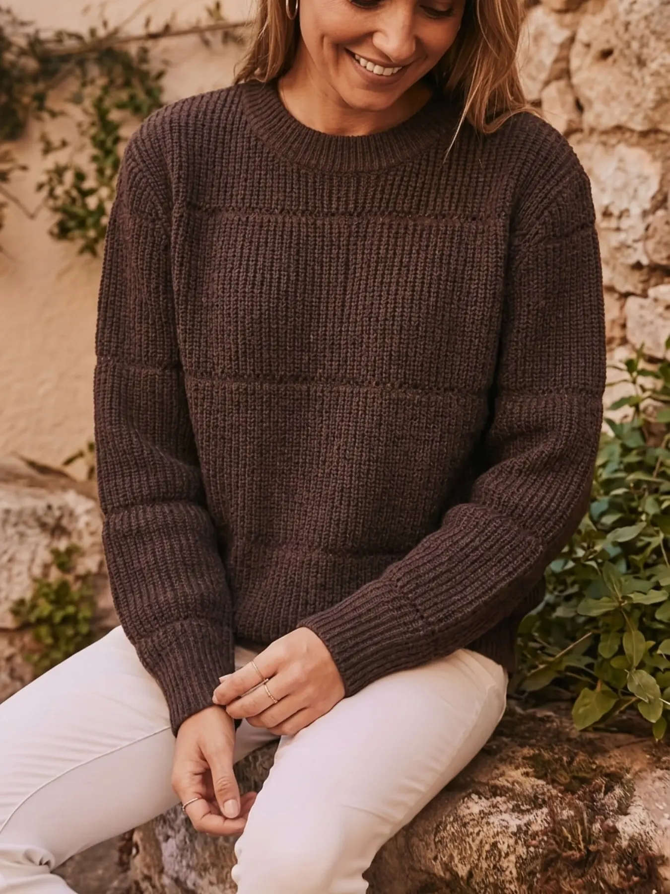 2026 New Vintage Casual Women's Dark Round Neck Knit Sweater, Loose Fit, Ribbed Neck and Sleeves, Fall Winter Essential Top, Knitwear