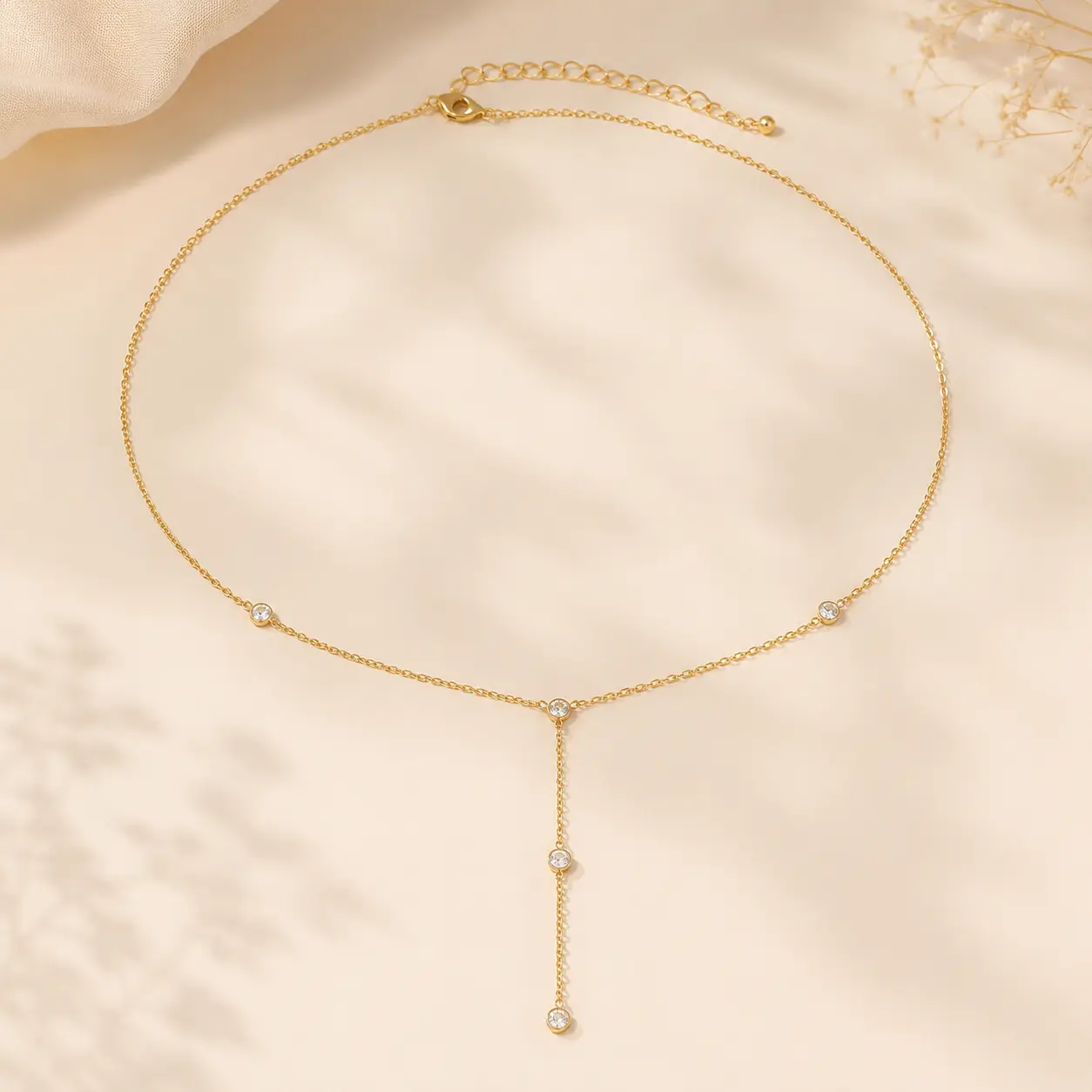 Women’s Y Necklace with Crystal Accents, Gold & Silver Lariat Drop Necklace, Delicate Minimalist Everyday Jewelry