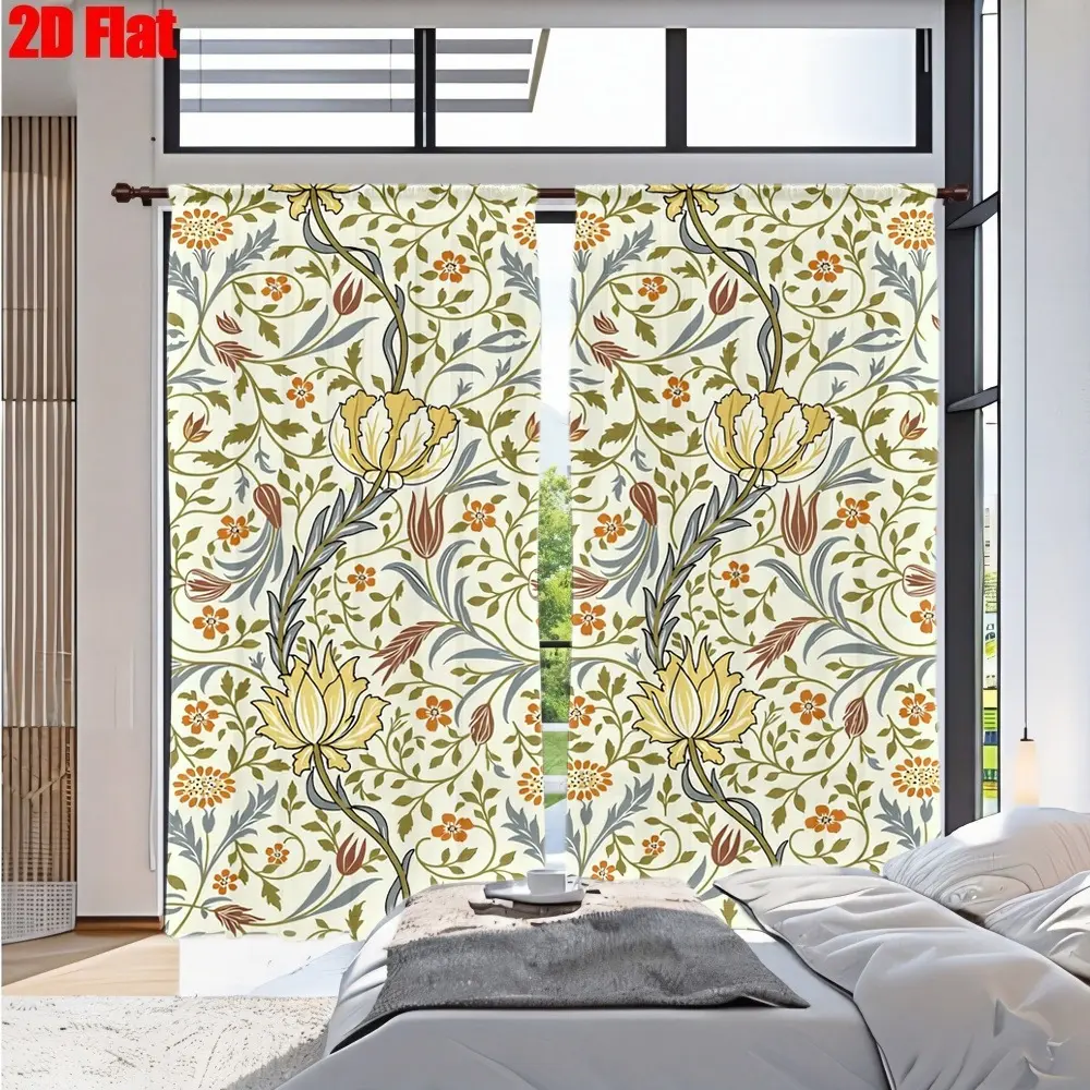 2D Flat 2Pcs Floral Pattern Curtain with Yellow Tulip and Green Leaf Design, Vintage Botanical Print, Artistic Home Decor, High Definition Printing, Elegant Style, Versatile Curtains for Living Room Bedroom Study Cabinet Decoration