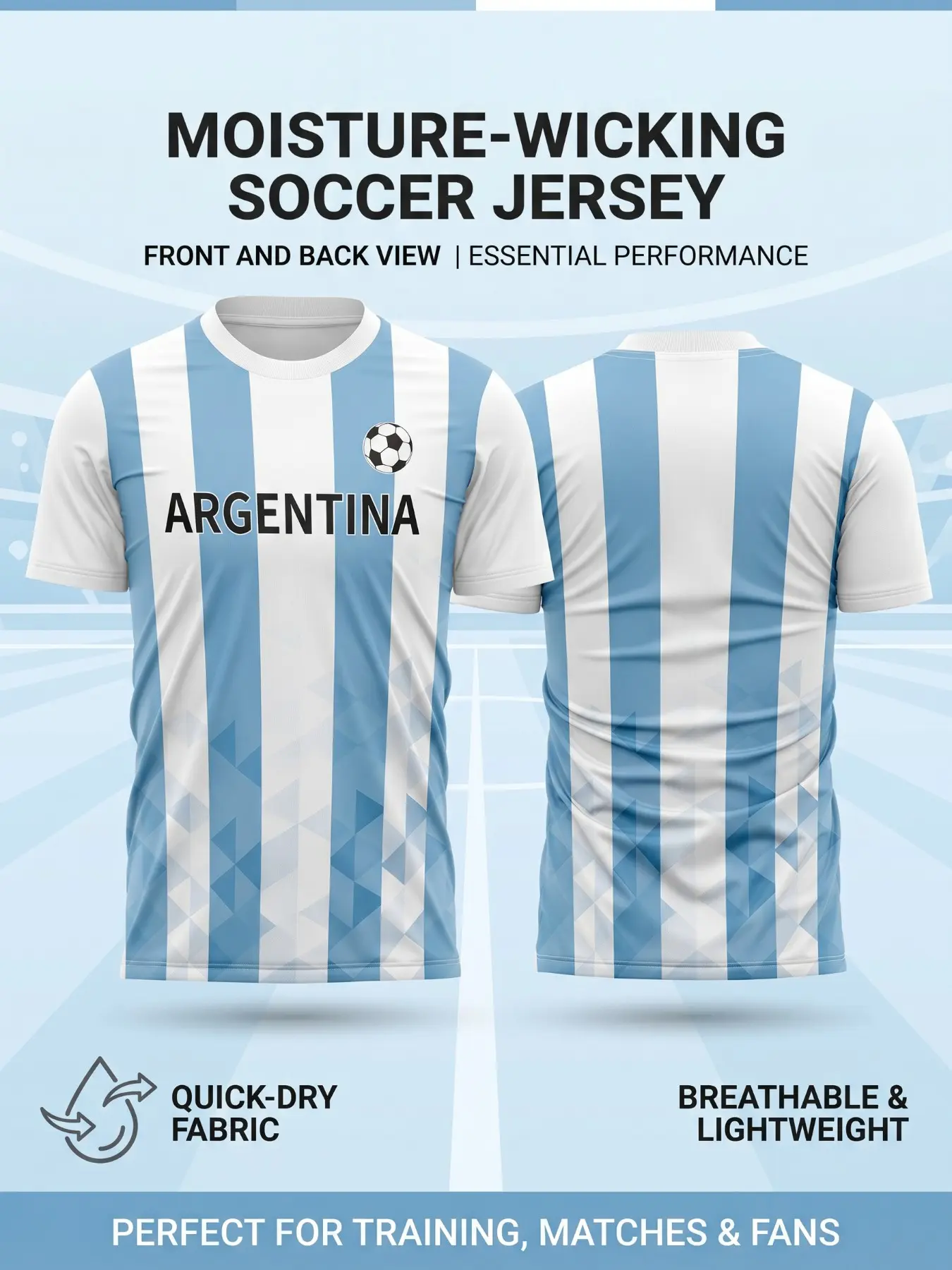 2026 Argentina Soccer Jersey, Light Blue Vertical Stripes, Gradient Round Neck, Quick-Dry Breathable Lightweight, Ideal for Training and Casual Wear, Quick Dry Top