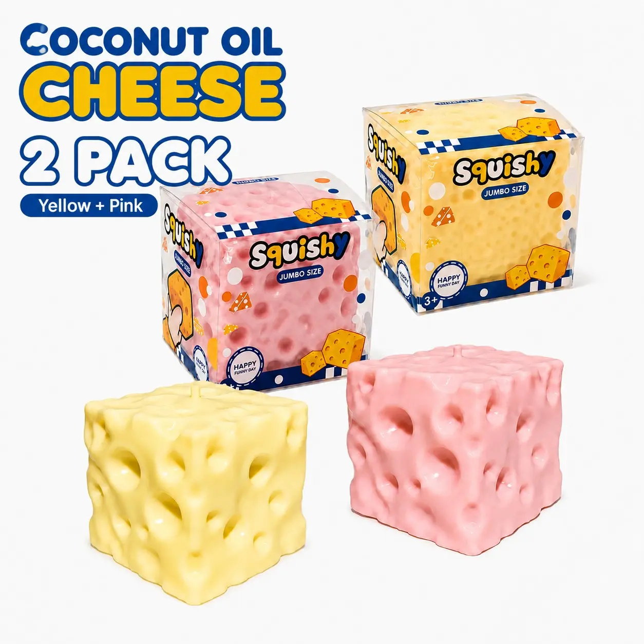 Coconut Oil Cheese Squeeze Toy 2 Pack, Ultra Soft Slow Rebound Stress Relief, Washable Tpr Material, Kids Sensory Training, Adult Office Relaxation, Cheese Squishy Fidget