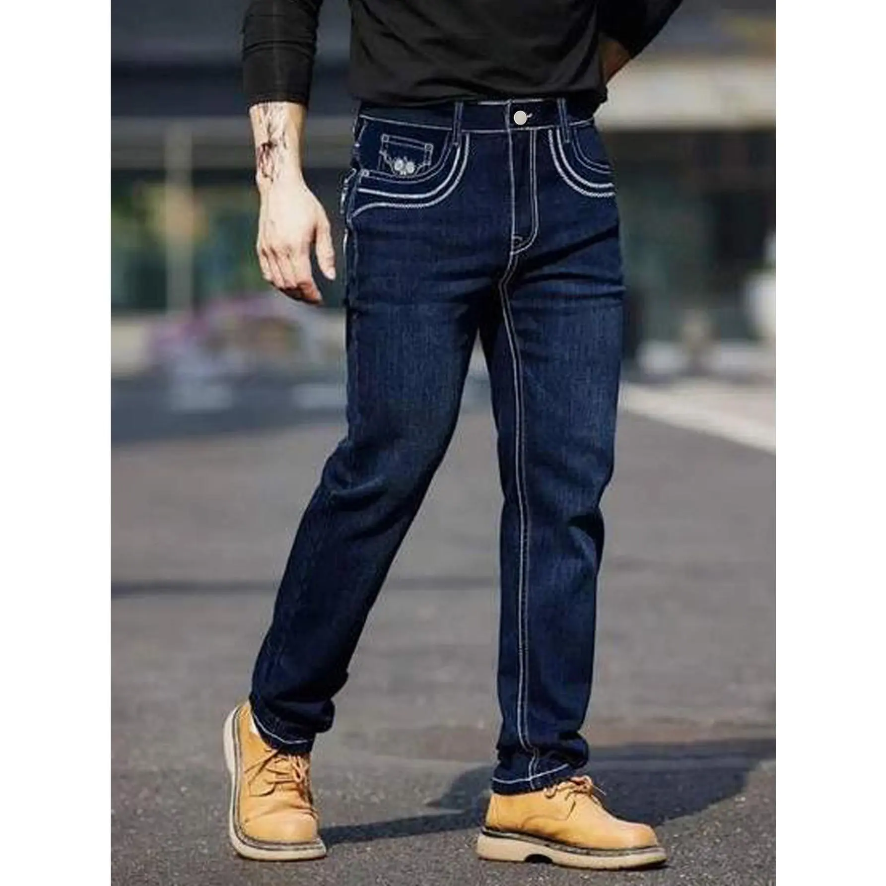 Men's Cotton Blend Dark Wash Contrast White Stitch Straight Leg Jeans, Western Cowboy Loose Fit Casual Streetwear Denim Pants