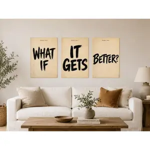 "What If It Gets Better?"Wall Art Set of 3, Neutral Beige Black Brushstroke Typography Posters, Vintage Paper Style Canvas Prints, Wall Decor for Living Room, Bedroom, Office, Therapy Space, Gift for Positivity,wall decor,poster.