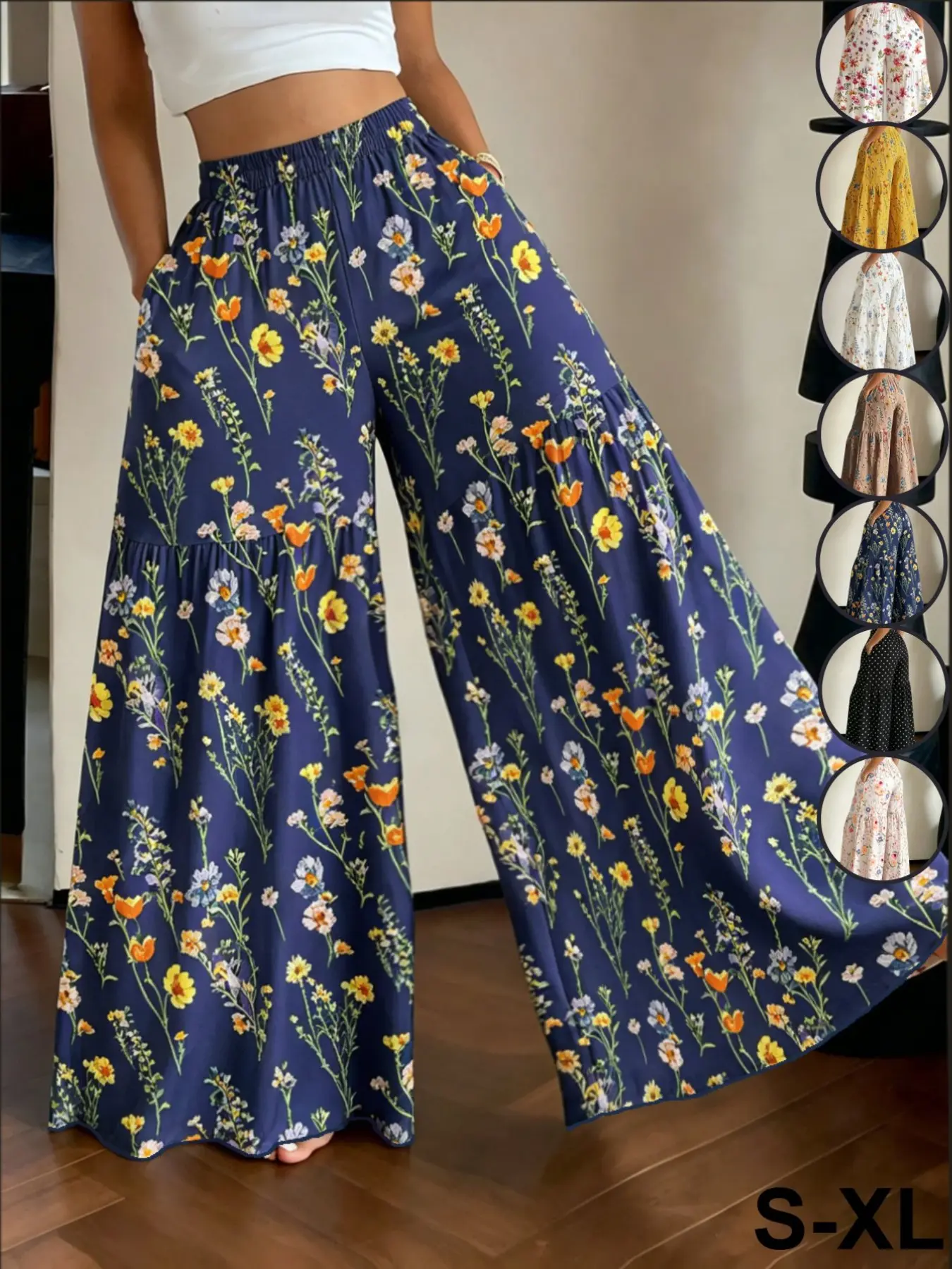Women's French Country Ditsy Floral Wide-Leg Loose Trousers, High-Waisted Elastic Waist Slimming Casual Pants, Summer Beach Vacation Long Trousers, Bottoms