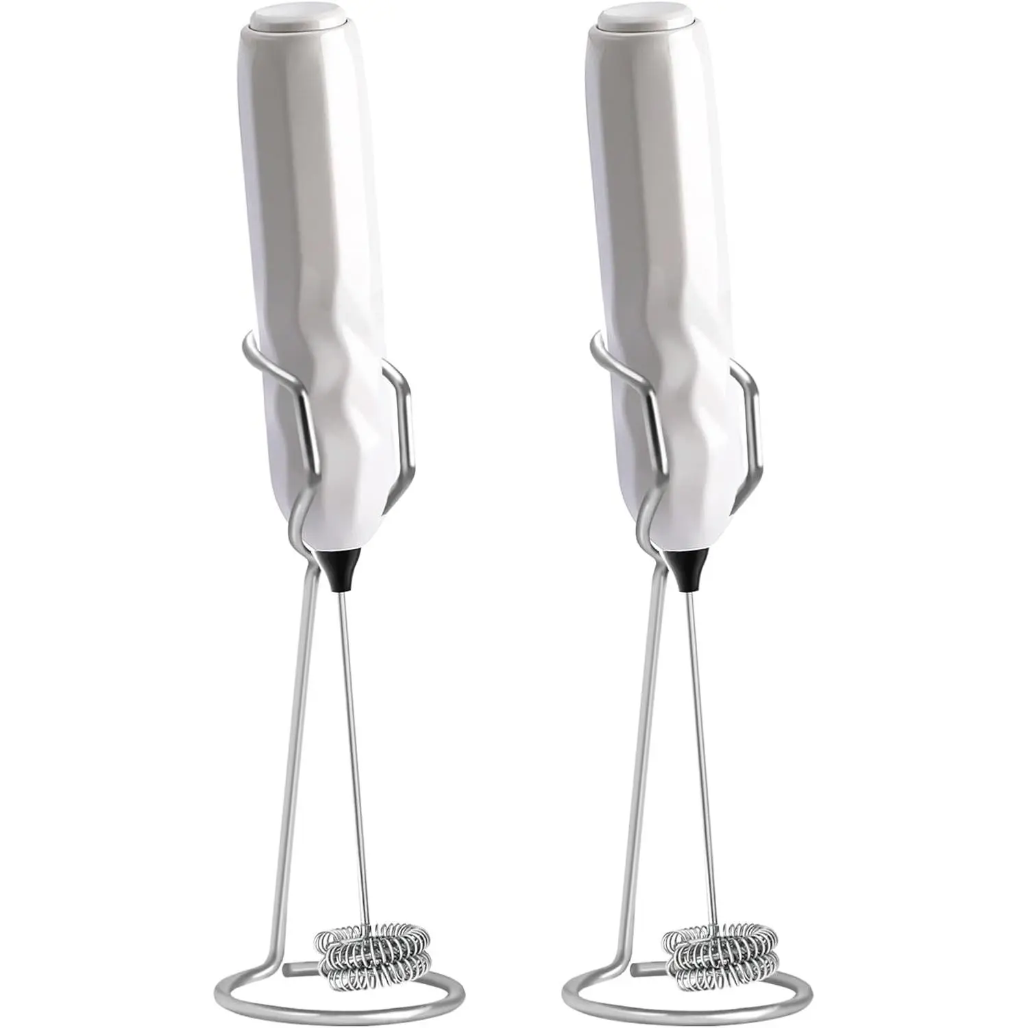 Milk Frother Handheld   Drink Mixer with Stainless Steel Whisk for Coffee (2Pack White with Stand)