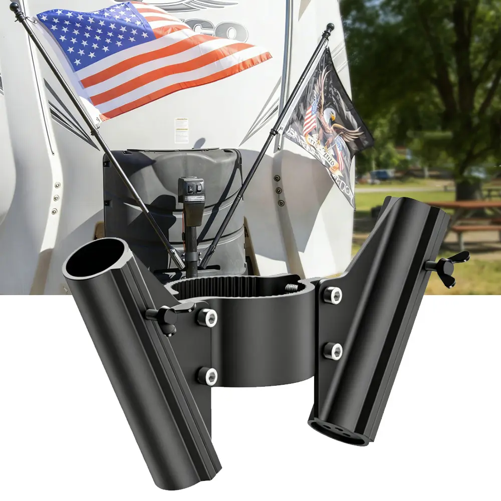 Aluminum Dual Hitch Flag Pole Holder & Mount - 2-Inch Adjustable Metal Flagpole Hardware, Dual Flag Capacity, Drainage Holes, All Seasons Use for Trucks/RVs, Travel Compatible with Standard Receiver Hitch System, Camping