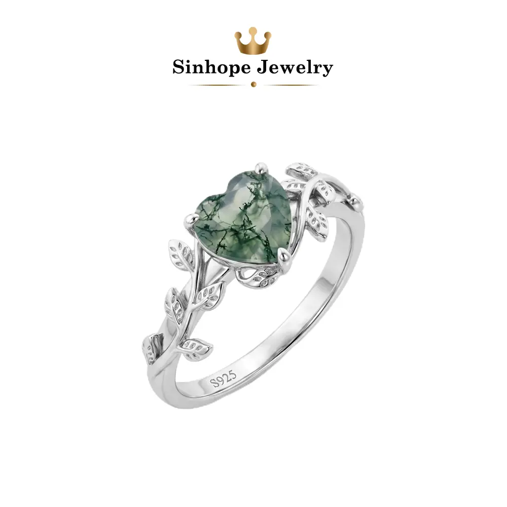 Women's S925 Sterling Silver Heart Moss Agate Engagement Ring - Nature Branch Leaf Carving Design, Gemstone Center, Natural Texture Vintage Promise Jewelry Gift