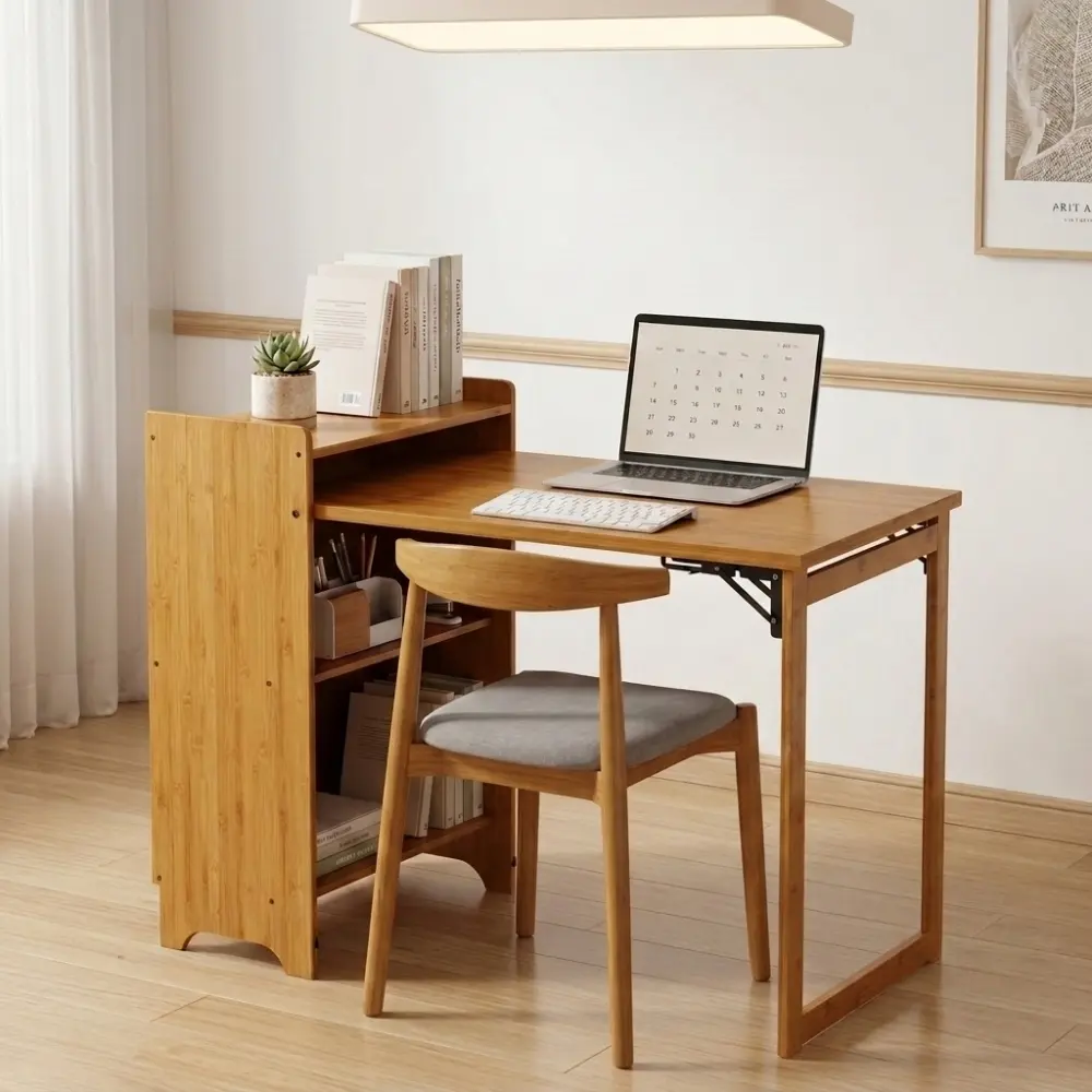 Bamboo Folding Desk with Hidden Storage, Foldable Computer Desk for Small Spaces, Mid Century Modern Compact Writing Table, Space Saving Home Office Desk, Portable Folding Workstation for Bedroom, Apartment, Study Room, Natural Wood Finish