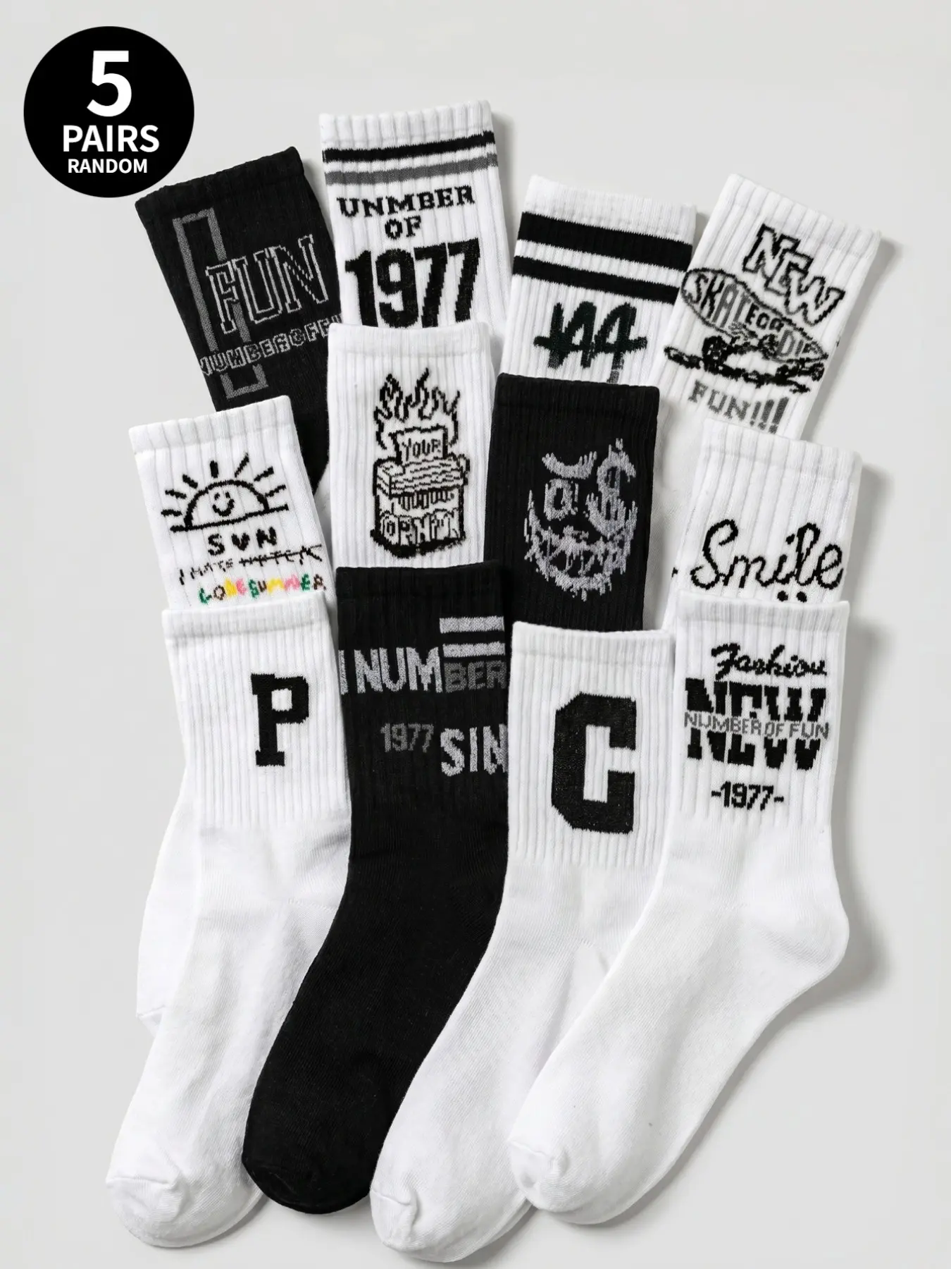 5 pairs of men's breathable mid-calf socks with graffiti designs, perfect for outdoor activities and everyday streetwear. Suitable for all seasons.