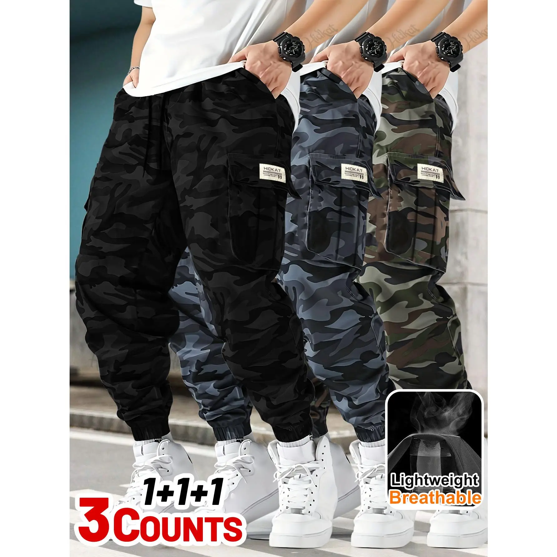 3 Pack Men's Camo Cargo Pants, Big & Tall Lightweight Breathable Multi-Pocket Joggers
