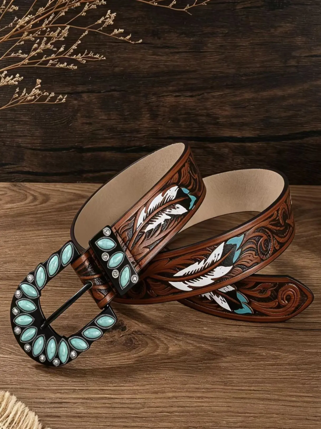 Western Style Turquoise Rhinestone Belt, Sparkling Western Belt, Feather Embossed Vintage Cowboy Belt, Unisex Decorative Waist Belt for Women and Men, PU Leather Belts