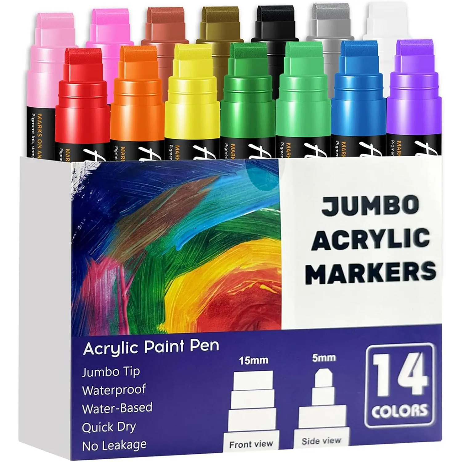 14 Colors  Markers,    Markers 15mm Wide Felt Tip Permanent Ink Pens for Poster, Rock Painting,Fabric,Glass, , Stone, Ceramic & DIY Crafts,  Art Pens for  Surfaces