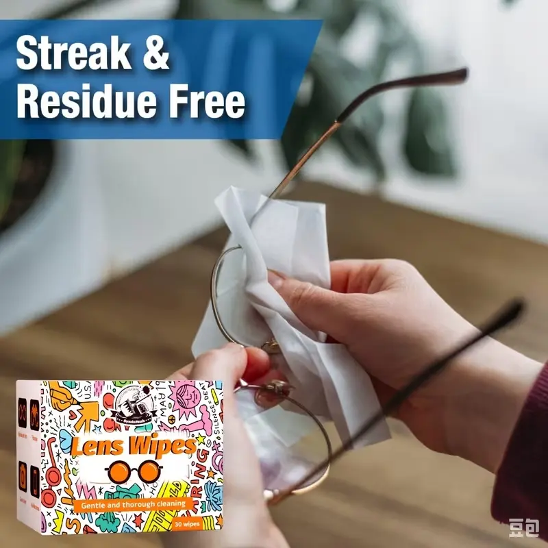 Eyeglass Cleaning Wipes. Wipe eyeglass lenses to thoroughly remove all kinds of dirt. Residue Free, they will not damage lenses or leave scratches. Suitable for all lenses: eyeglasses, camera lenses, binoculars. 30 pieces per box.