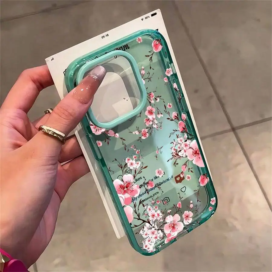 1PC Lightweight Soft Cover Pink Cherry Blossom Watercolor Silicone Phone Case for iPhone 17 Pro Max,17 Air,17 Pro,16,15,14,13,12,11 Pro Max, Anti-Fingerprint Multi-Model Spring Floral Gift, Tpu