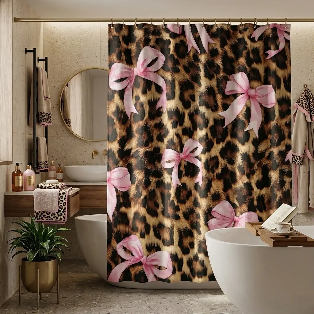 1/4pcs leopard print and pink bow pattern bathroom, Restroom Shower Curtain Sets and mat set, includes 12 hooks, non-slip bathroom mat, non-slip toilet U-shaped mat, toilet seat cover, home decor, Restroom Bathroom Accessories, Shower Essentials