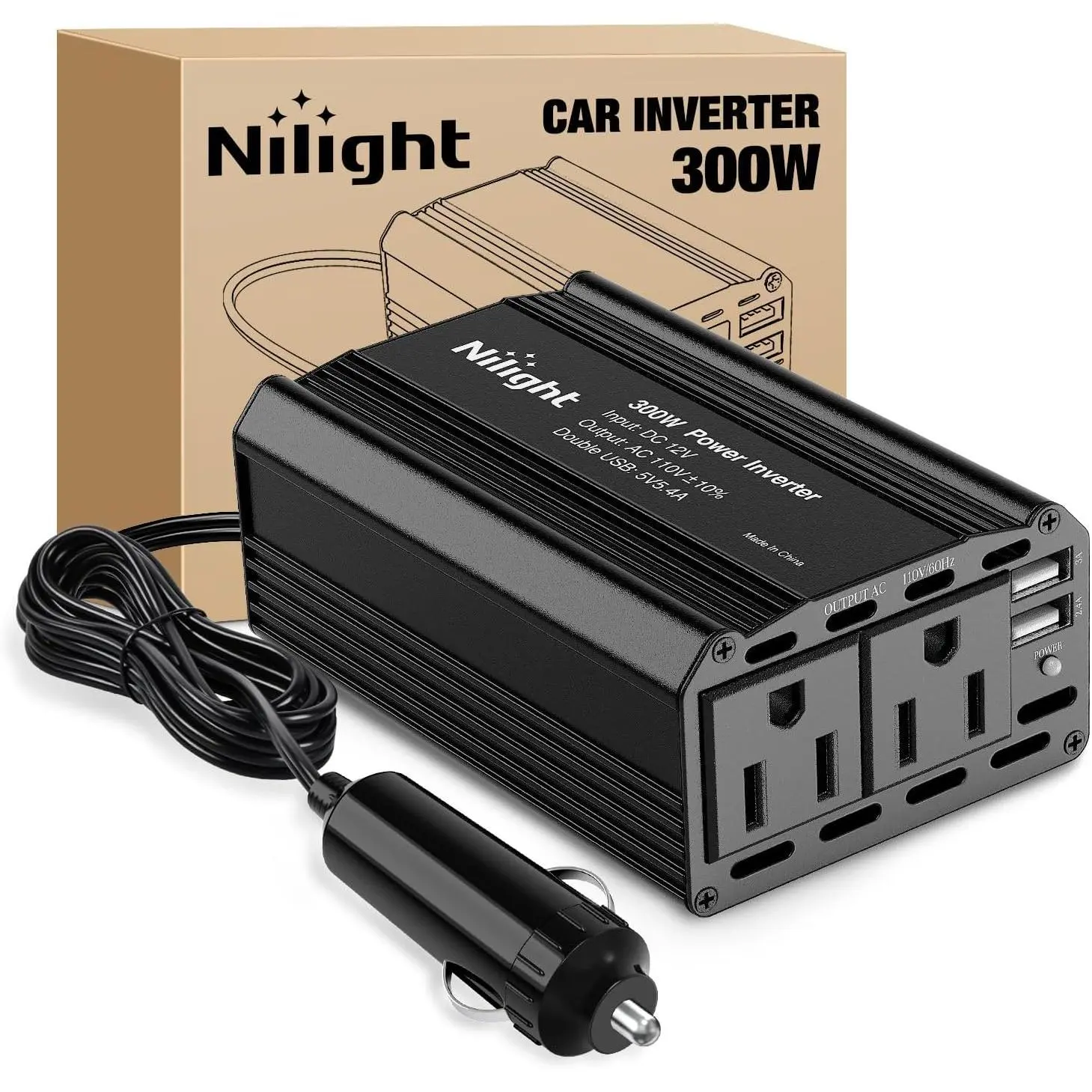 Nilight 300W 12V DC to 110V AC Dual-Port Power Inverter Car Charger, 5.4A Dual USB Ports, 2 AC Outlets for Phones, Laptops, Game Consoles, Black, Dual-Port Power Inverters