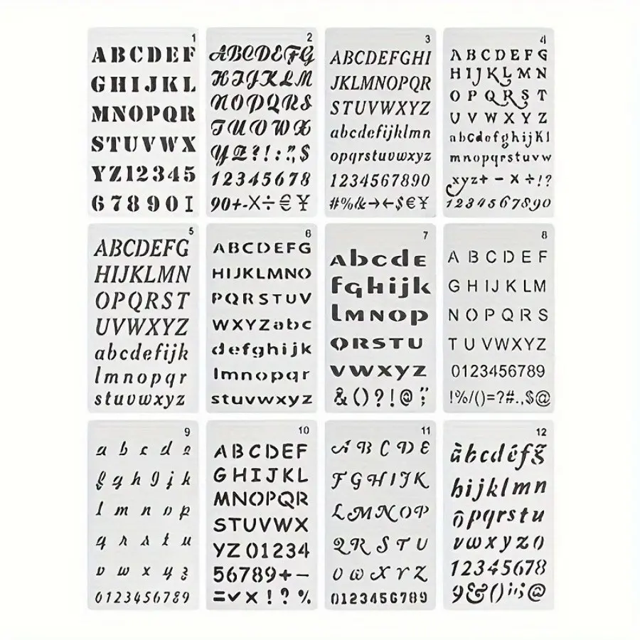 12pcs Reusable Letter Stencils, Plastic Alphabet Letter Number Drawing Painting Crafting Stencils, DIY Drawing Template