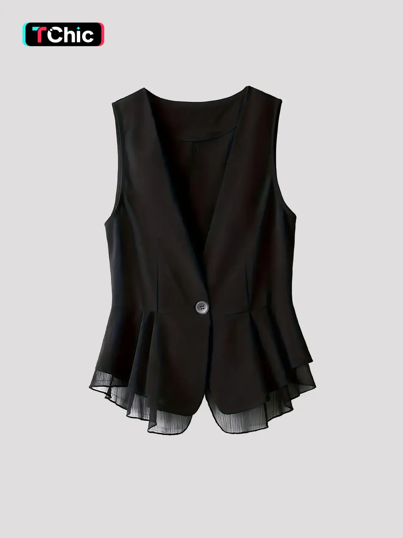 1 Piece Sleeveless V-Neck Elegant Chic Blazer Vest for Women Chiffon Layered Peplum Hem Workwear Office Style Waistcoat Clothes