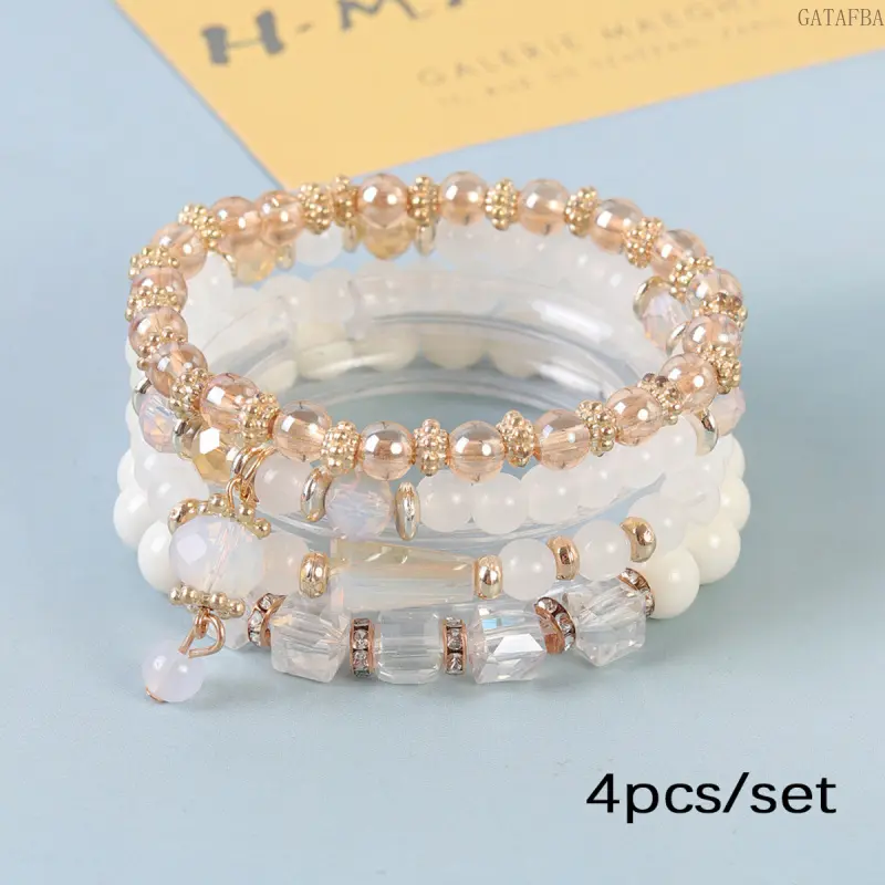 Bohemian Beaded Stretch Bracelet, Handmade Crystal Teardrop & Square Pendant Elastic Bracelet