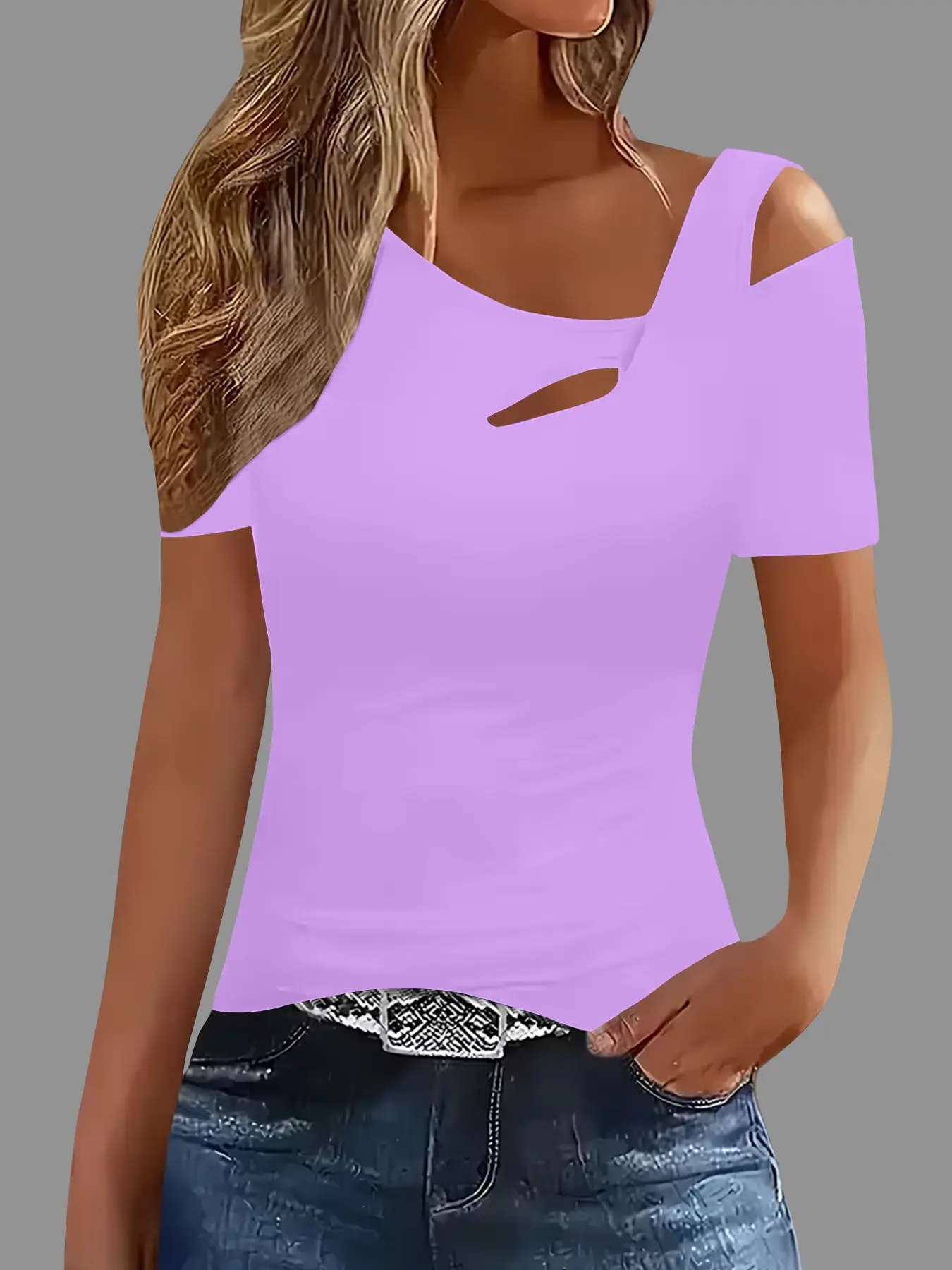 European and American Style Asymmetrical Shoulder Top, Stretch Fitted Short Sleeve T-Shirt, Unique Hollow Out Revealing Shoulder, Sexy Base Layer