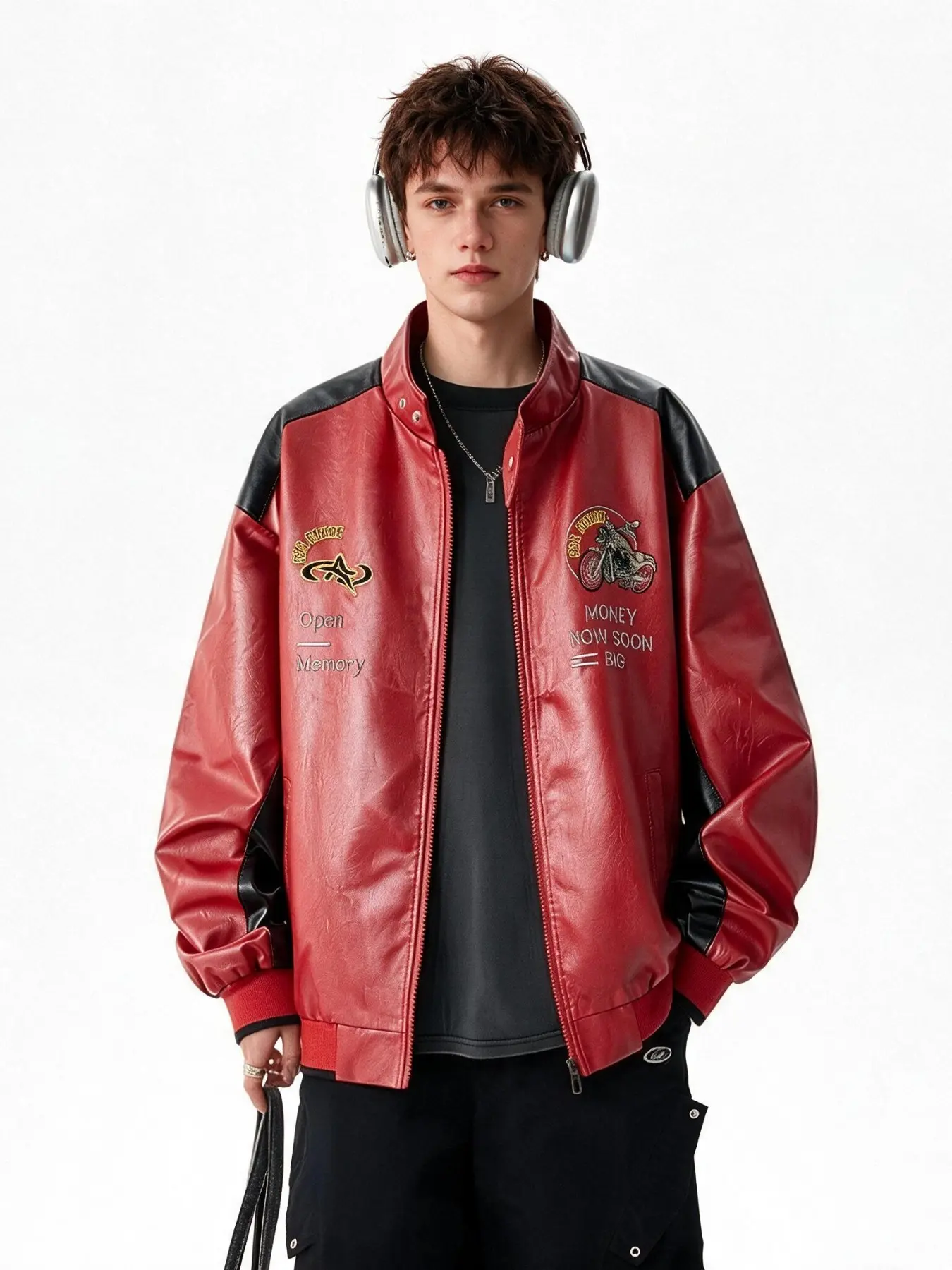 Men's Motorcycle Jacket, PU Leather Patchwork, Embroidered Badge, Stand Collar, Drop Shoulder, Colorblock, Loose Fit, Spring & Fall