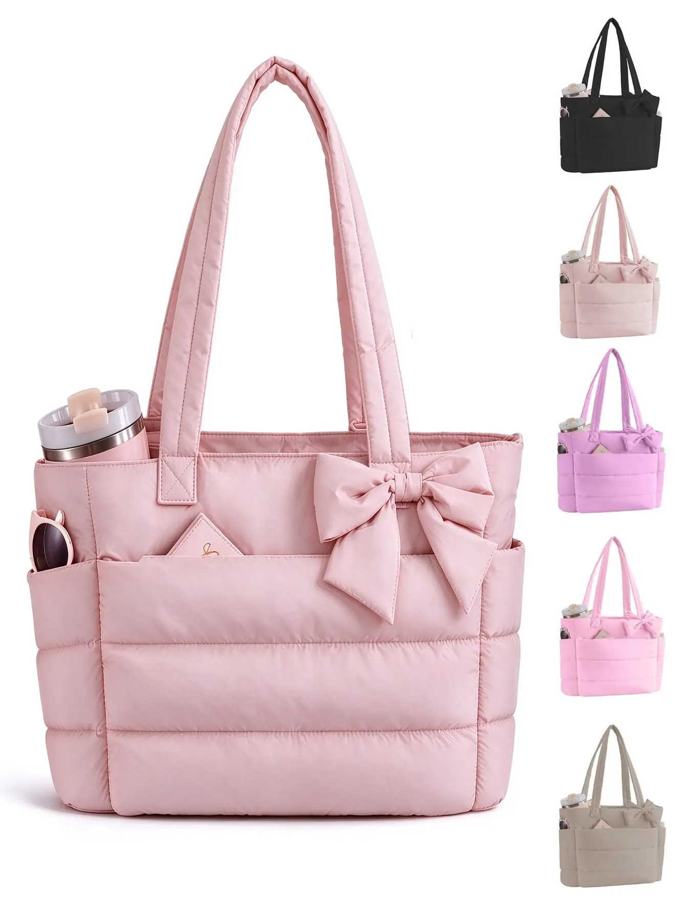 Puffer Tote Bag for Women, Quilted Bow Design, Cup Holder & 15.6 Inch Laptop Compartment, Ideal for Work, Travel, Gym, Christmas Gift