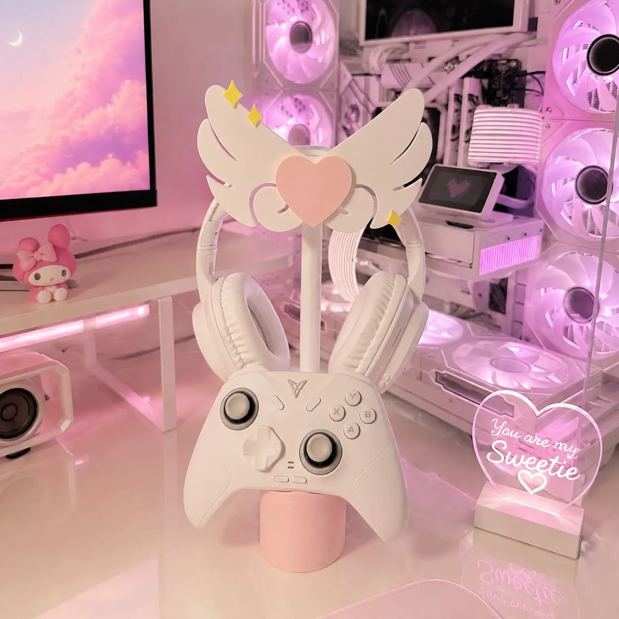 Magical Girl Angel Wings Pink Heart & Star Headphone Stand 2-in-1 Game Controller Holder with Cute Pink Base - 3D Printed Soft Y2K Kawaii Gaming Desk Decor & PC Setup Accessory Gamer Girl Gift