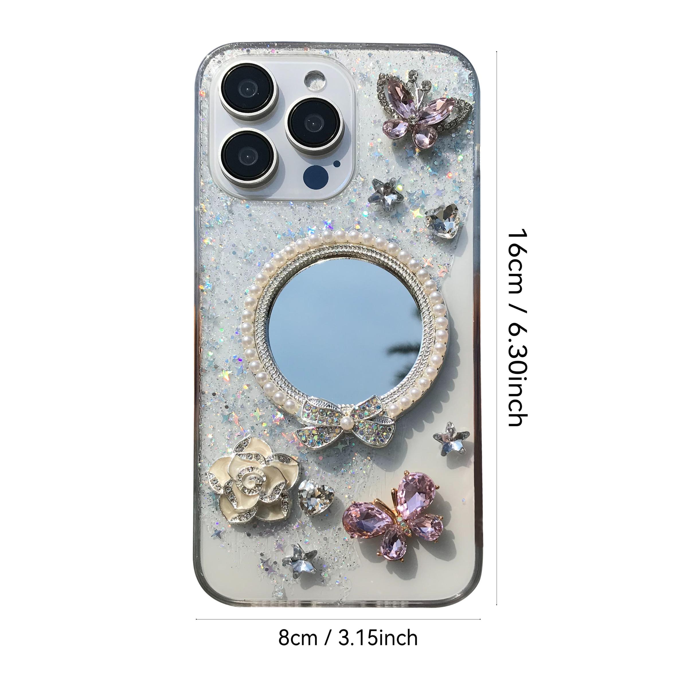 Rhinestone Decor Phone Case, Mirror Flower Butterfly Decor Phone Protective Cover with Lanyard, Phone Accessories Compatible with iPhone 16 15 14 13 12, Decorative Smartphone Protector